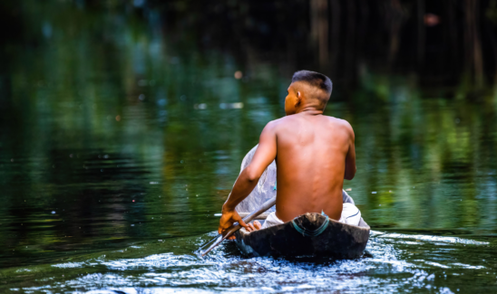 A man rows a traditional wooden canoe in the Amazon, Brazil.